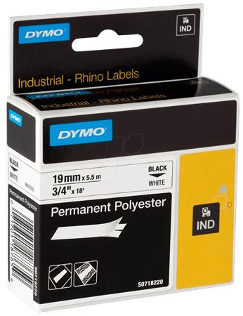 DYMO Feliratozógép szalag, tartós poliészter, 19 mm x 5,5 m, DYMO "Rhino", fehér-fekete