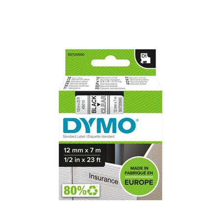 DYMO Feliratozógép szalag, 12 mm x 7 m, DYMO "D1", víztiszta-fekete