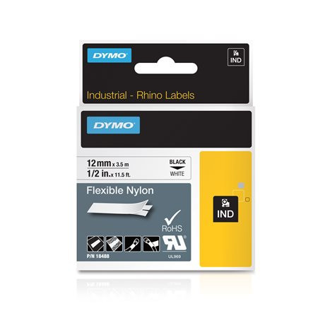 DYMO Feliratozógép szalag, flexibilis ID, 12 mm x 3,5 m, DYMO "Rhino", fehér-fekete