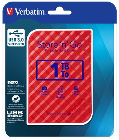 VERBATIM 2,5" HDD (merevlemez), 1TB, USB 3.0, VERBATIM "Store n Go", piros