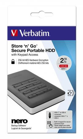 VERBATIM 2,5" HDD (merevlemez), 2TB, USB 3.1, jelszavas titkosítás, VERBATIM "Secure Portable", fekete