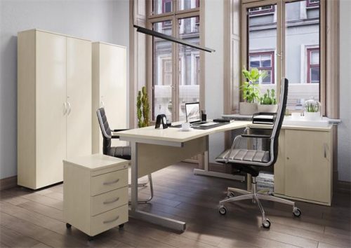 MAYAH Íróasztal, íves, jobbos, szürke fémlábbal, 160x80 cm, MAYAH "Freedom SV-29", juhar