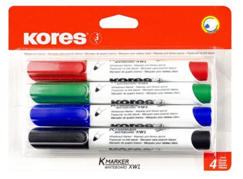 KORES Tábla- és flipchart marker készlet, 3 mm, kúpos, KORES "ECO K-Marker XW1", 4 különböző szín