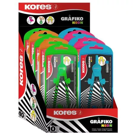 KORES Körző készlet, precíziós, 3 darabos, KORES "Grafiko Neon", vegyes színek