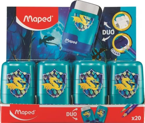 MAPED Hegyező és radír display, kétlyukú, tartályos, MAPED "Connect Dragon", sárkány