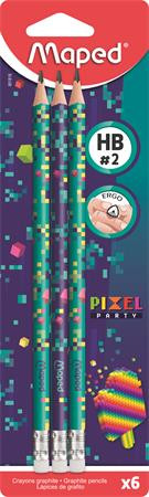 MAPED Grafitceruza radírral, HB, háromszögletű, MAPED "Pixel Party", 6 darab