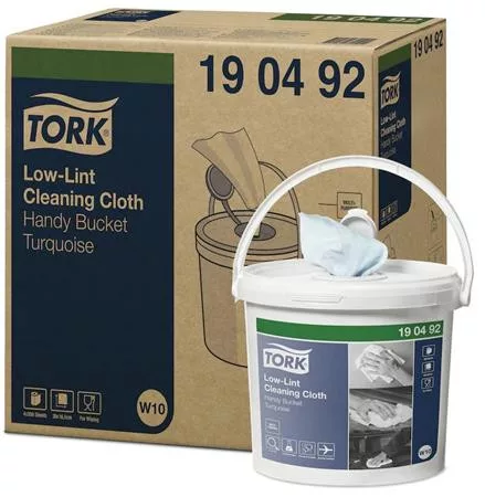 TORK Tisztítókendő, szöszszegény, 1 rétegű, 200 db, hordozható vödörben, W10 rendszer,TORK, türkizkék