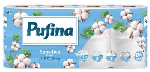 PUFINA Toalettpapír, 3 rétegű, kistekercses, 8 tekercs, PUFINA "Sensitive Aquabond", illatmentes