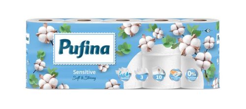 PUFINA Toalettpapír, 3 rétegű, kistekercses, 10 tekercs, PUFINA "Sensitive Aquabond", illatmentes