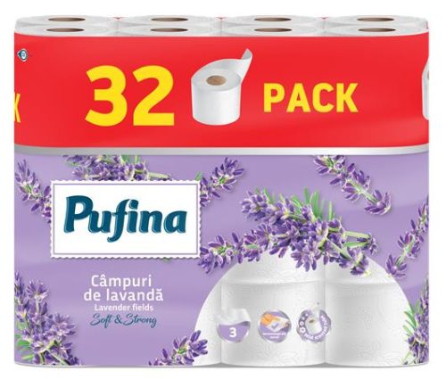 PUFINA Toalettpapír, 3 rétegű, kistekercses, 32 tekercs, PUFINA "Lavender Fields", levendula illattal