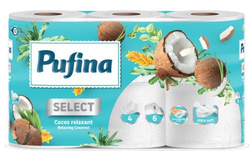 PUFINA Toalettpapír, 4 rétegű, kistekercses, 6 tekercs, PUFINA "Relaxing Coconut", kókusz illattal