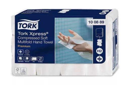 TORK Kéztörlő, tömörített, Interfold, 2 réteg, 225 lap, H2 rendszer, Premium, TORK "Xpress Soft Multifold", fehér
