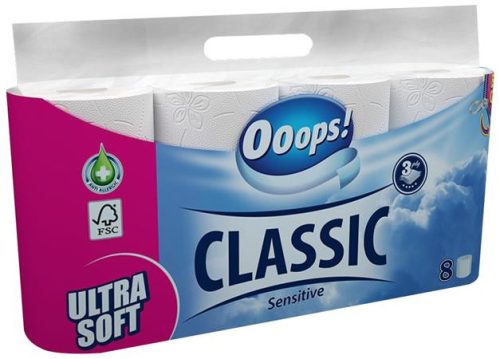 OOOPS Toalettpapír, 3 rétegű, kistekercses, 8 tekercs, OOOPS "Classic", sensitive