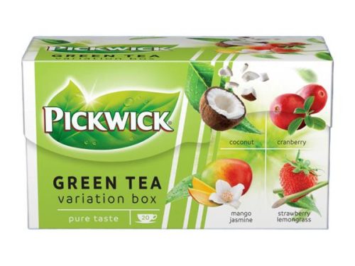 PICKWICK Zöld tea, 20x1,5 g, PICKWICK "Zöld tea Gyümölcsös Variációk", kókusz, vörösáfonya, eper-citromfű, mangó-jázmin