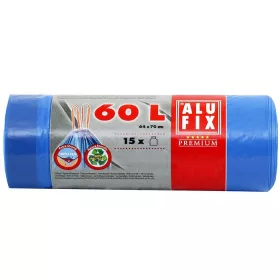   ALUFIX Szemeteszsák, zárószalagos, 60 l, 15 db, 64x71 cm, 26 µ, ALUFIX, kék