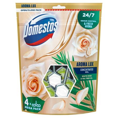 DOMESTOS WC fertőtlenítő, 4 db-os ,DOMESTOS "Aroma Lux", fehér rózsabimbó és teafa olaj