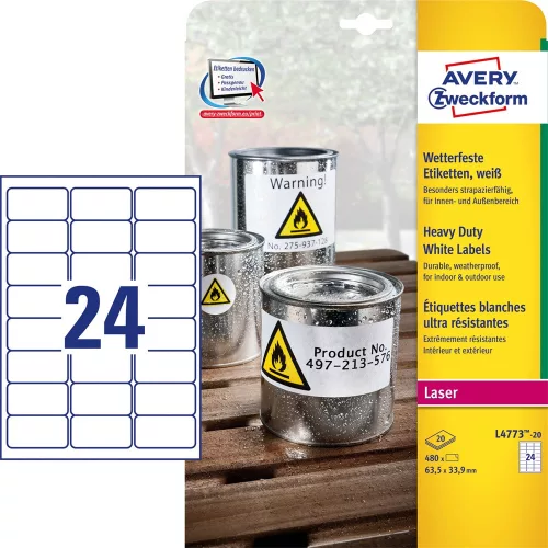 Etikett címke, 63,5 x33,9mm, időjárásálló poliészter, 24 címke/ív, 20 ív/doboz, Avery fehér