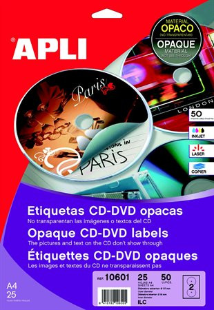 APLI Etikett, CD/DVD, A4, teljes lefedettségű, matt, APLI "Mega"