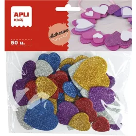   APLI Moosgumi, öntapadó, glitteres, szívek, APLI Kids "Eva Sheets", vegyes színek