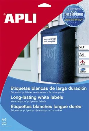 APLI Etikett, 30 mm kör, poliészter, időjárásálló, fehér, APLI, 960 etikett/csomag