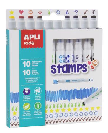 APLI Filctoll készlet, nyomda, APLI Kids "Markers Duo Stamps", 10 különböző szín és minta