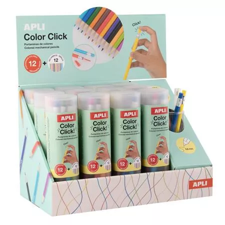 APLI Színes töltőceruza készlet, ceruzatartóban, display, APLI "Color Click", 12 szín