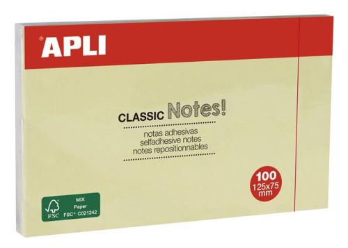 APLI Öntapadó jegyzettömb, 125x75 mm, 100 lap, APLI "Classic", sárga