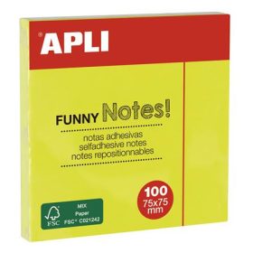   APLI Öntapadó jegyzettömb, 75x75 mm, 100 lap, APLI "Funny", neon sárga