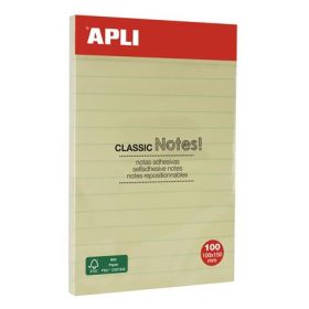   APLI Öntapadó jegyzettömb, vonalas, 100x150 mm, 100 lap, APLI "Classic", sárga