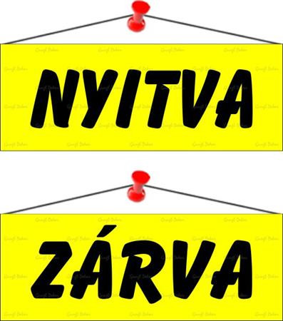 . Információs tábla, 22x8,5 cm, kétoldalas, "Nyitva/Zárva", sárga