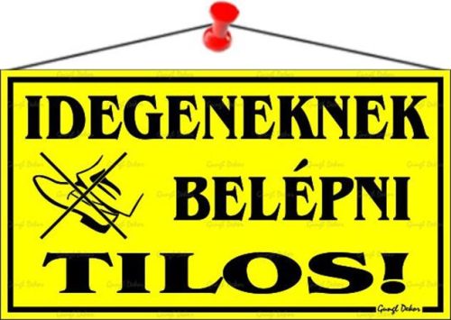 . Információs tábla, 22,5x12,5 cm, "Idegeneknek belépni tilos!", sárga