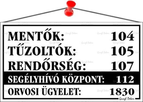 . Információs tábla, 22,5x12,5 cm, "Mentők tűzoltók, rendőrség telefonszámok", fehér