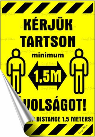 . Információs matrica, 11,6x16,6 cm, kétnyelvű, "Kérjük tartson mininum 1,5 m távolságot!"