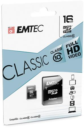 EMTEC Memóriakártya, microSDHC, 16GB, CL10, 20/12 MB/s, adapter, EMTEC "Classic"