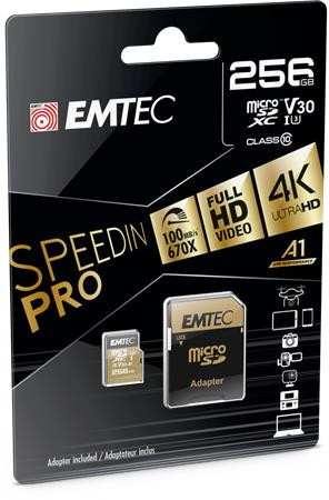 EMTEC Memóriakártya, microSDXC, 256GB, UHS-I/U3/V30/A2, 100/95 MB/s, adapter, EMTEC "SpeedIN"