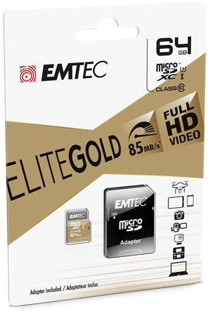 EMTEC Memóriakártya, microSDXC, 64GB, UHS-I/U1, 85/20 MB/s, adapter, EMTEC "Elite Gold"