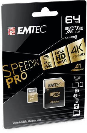 EMTEC Memóriakártya, microSDXC, 64GB, UHS-I/U3/V30/A2, 100/95 MB/s, adapter, EMTEC "SpeedIN"