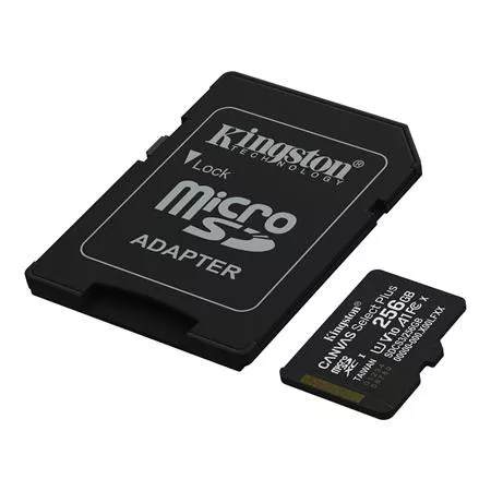 KINGSTON Memóriakártya, microSDXC, 256GB, C10/UHS-I/U1/V10/A1, Gen3, adapter, KINGSTON "Canvas Select Plus"