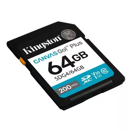 KINGSTON Memóriakártya, SDXC, 64GB, C10/UHS-I/U3/V30, Gen4,KINGSTON "Canvas Go! Plus"