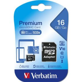  VERBATIM Memóriakártya, microSDHC, 16GB, CL10/U1, 45/10 MB/s, adapter, VERBATIM "Premium"