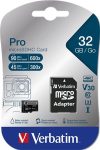   VERBATIM Memóriakártya, microSDHC, 32GB, CL10/U3, 90/45 MB/s, adapter, VERBATIM "PRO"
