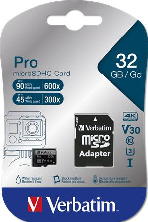 VERBATIM Memóriakártya, microSDHC, 32GB, CL10/U3, 90/45 MB/s, adapter, VERBATIM "PRO"