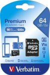   VERBATIM Memóriakártya, microSDXC, 64GB, CL10/U1, 90/10 MB/s, adapter, VERBATIM "Premium"