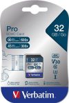   VERBATIM Memóriakártya, SDHC, 32GB, CL10/U3, 90/45MB/sec, VERBATIM "PRO"