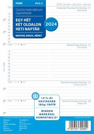 FILOFAX Kalendárium betét, tervező Filofaxhoz, A5, heti, 1 hét/2 oldal, 2024