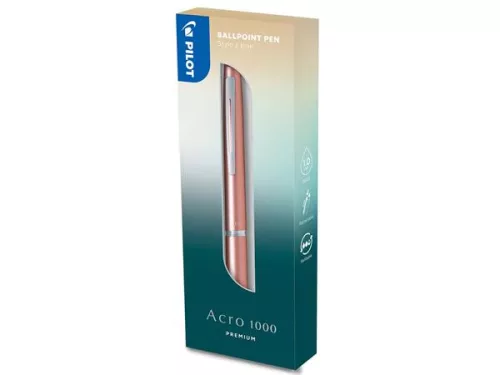 PILOT Golyóstoll, 0,32 mm, nyomógombos, korallarany tolltest, PILOT "Acro 1000", kék