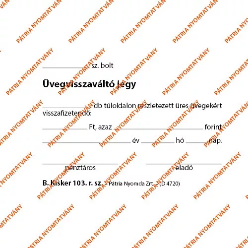 Üvegvisszaváltó jegy 100 lapos tömb 105x70 mm