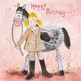   Képeslap Alex Clark borítékkal, 14x14 cm, lány lóval HBD