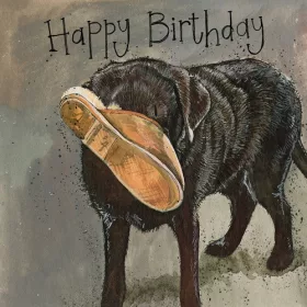   Képeslap Alex Clark borítékkal, 14x14 cm, Labrador papuccsal HBD