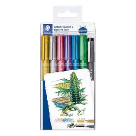   Művészeti marker Staedtler Design Journey metálszínű 6 db-os klt. + fekete tusfilc